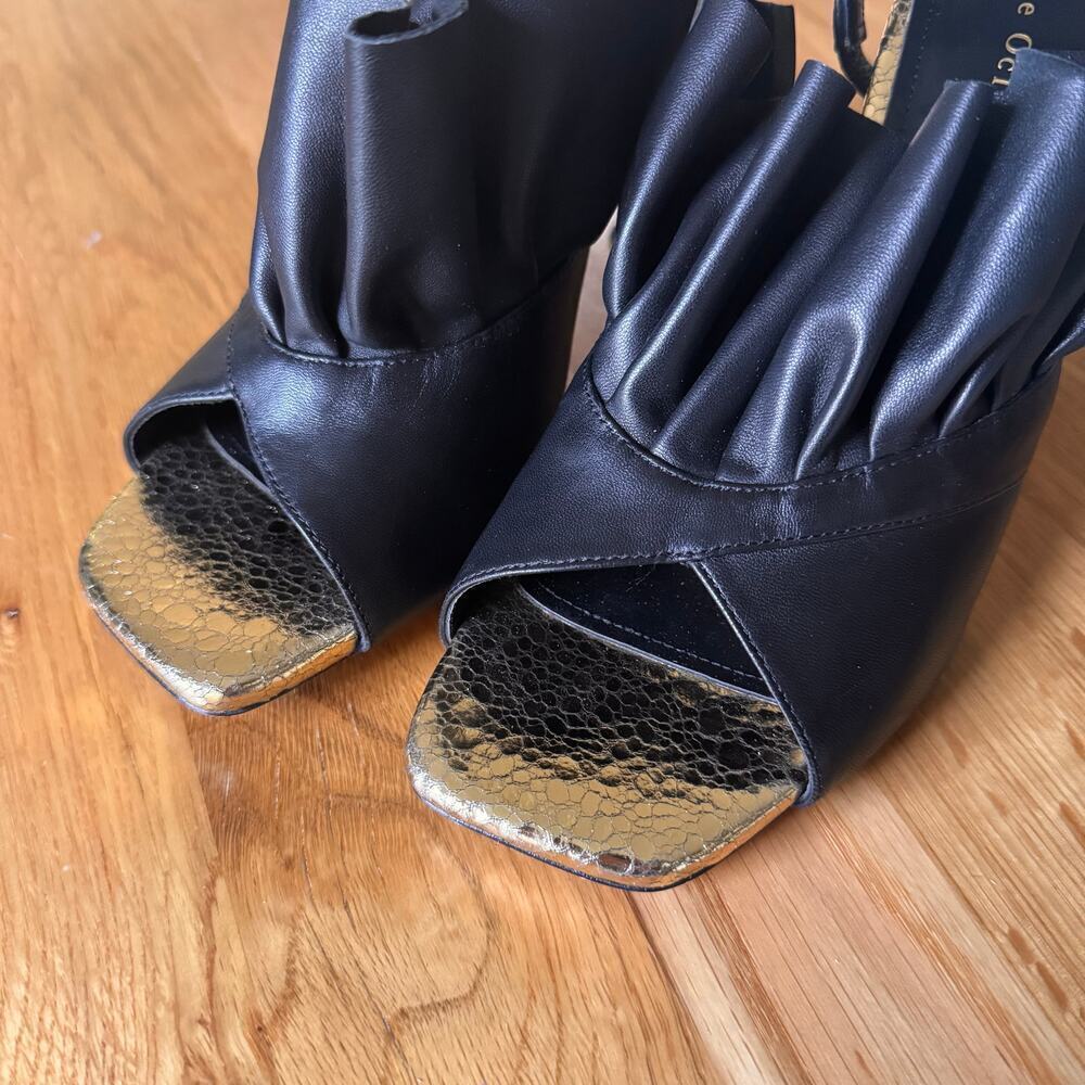 Dee Ocleppo Flutter Leather Ruffle Black Gold Open Toe Slingback Heel Size 10 - Picture 7 of 13